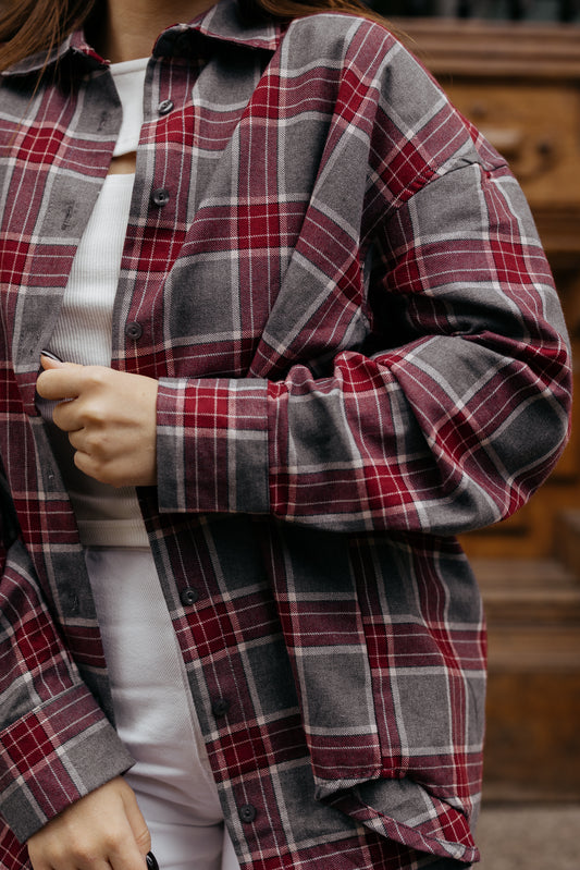 Koszula w kratę SZARO-BORDOWA