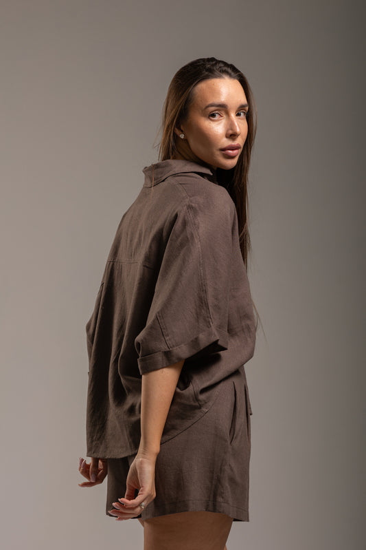 Lniany komplet CZEKOLADOWY