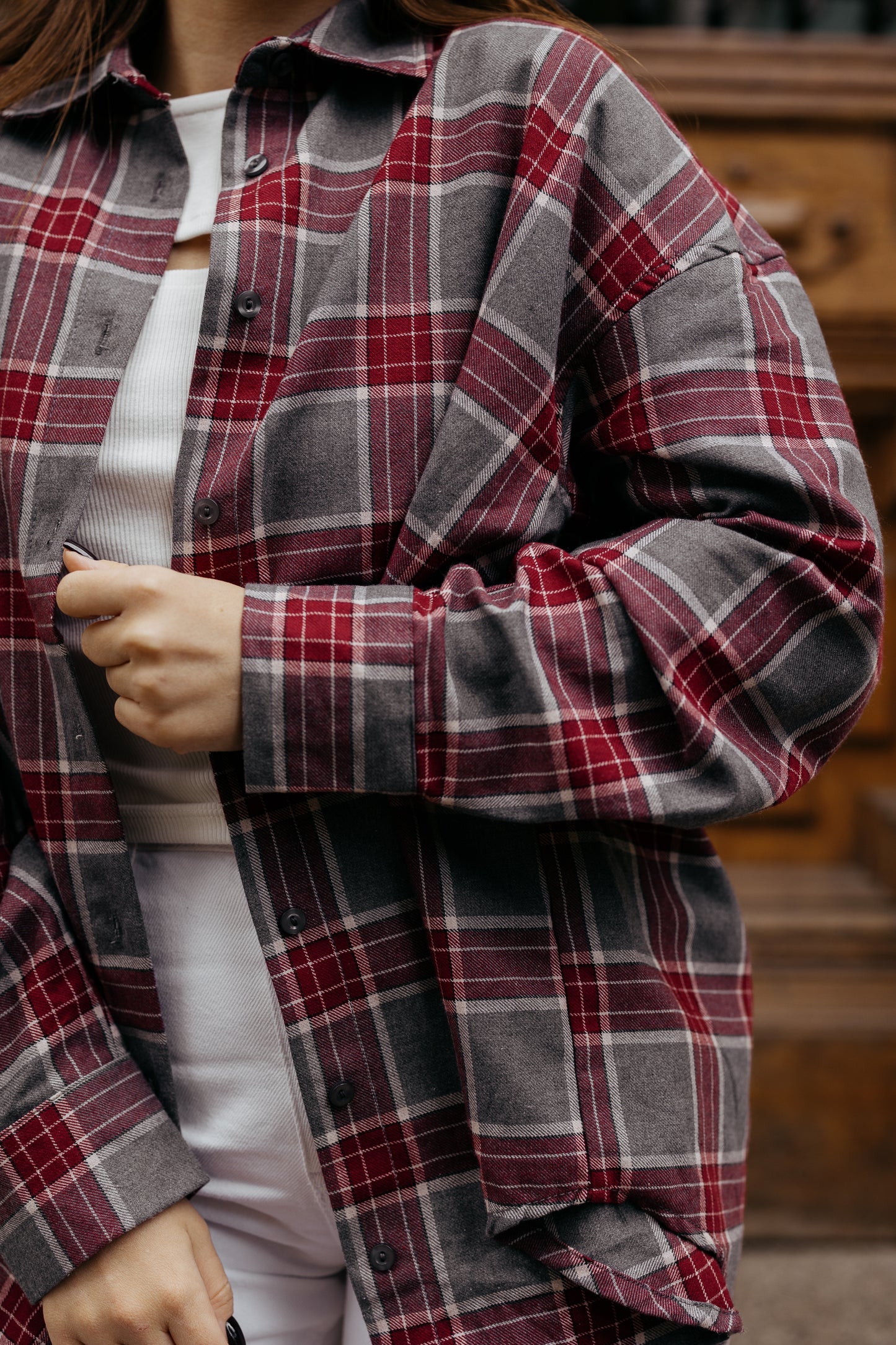 Koszula w kratę SZARO-BORDOWA