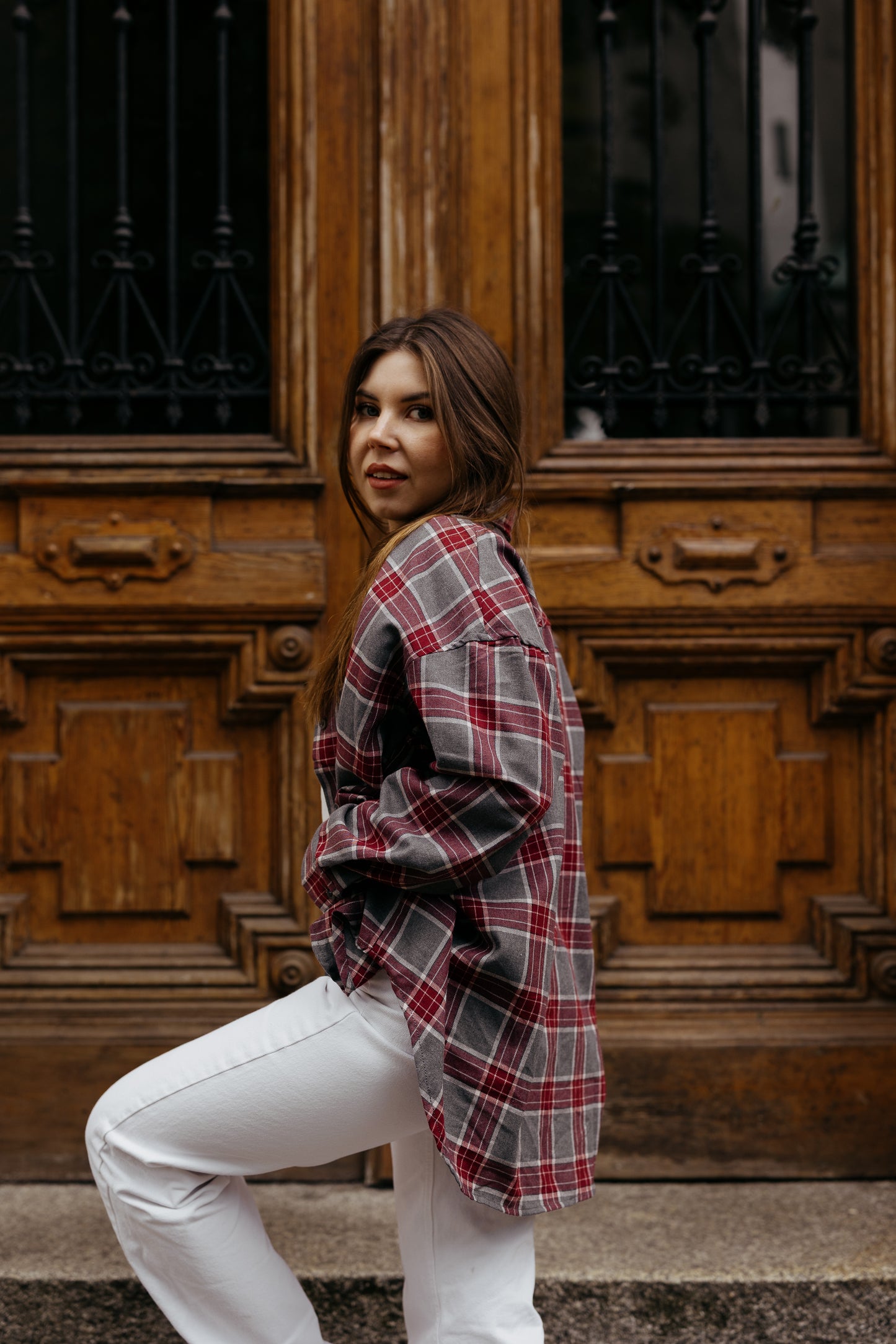 Koszula w kratę SZARO-BORDOWA