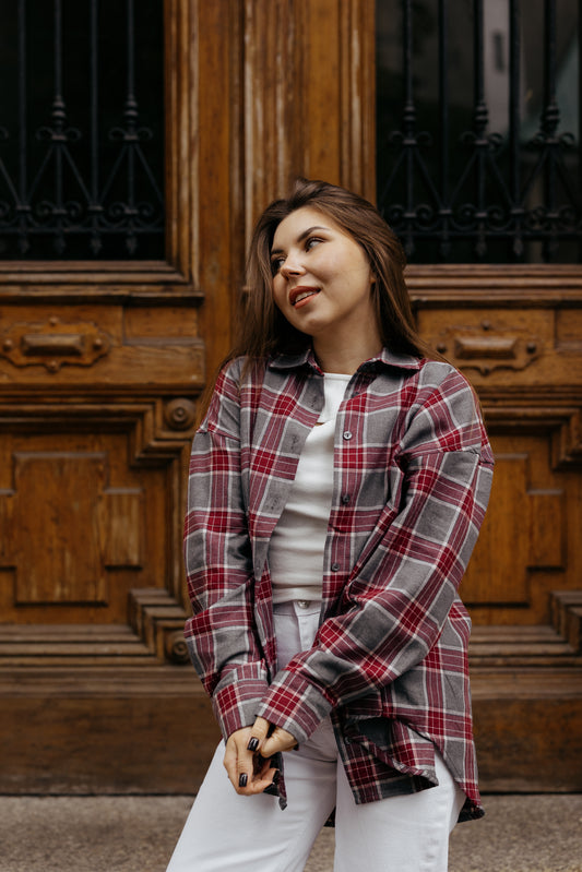 Koszula w kratę SZARO-BORDOWA