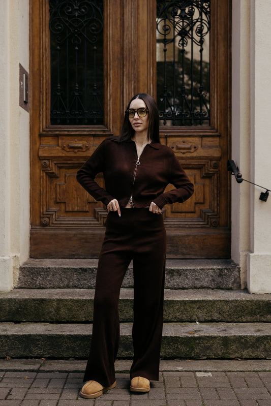 Komplet dzianinowy z zamkiem BRĄZOWY