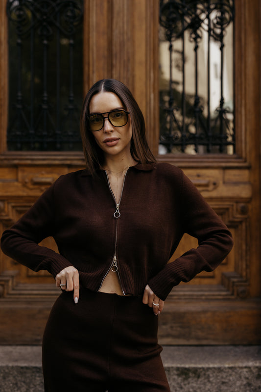 Komplet dzianinowy z zamkiem BRĄZOWY